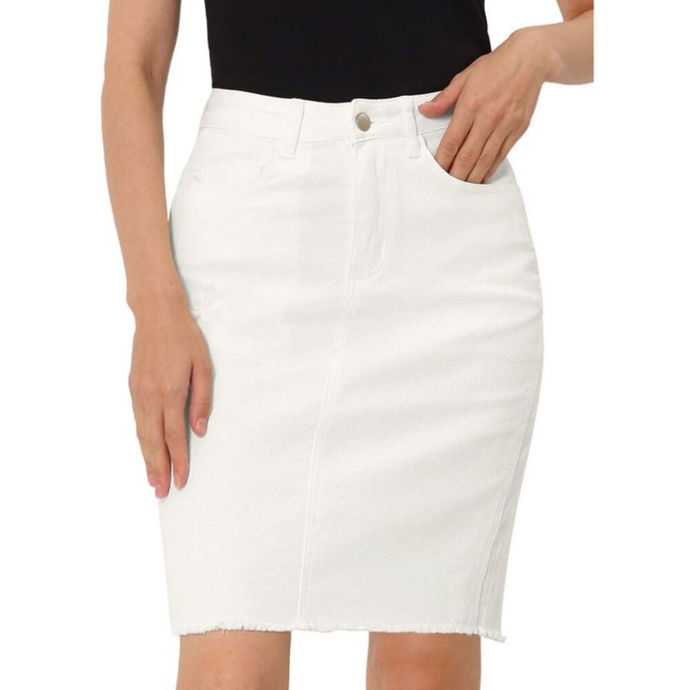 Women's Basic Distressed High Waist Ripped Hem Washed Jeans Skirt Medium White